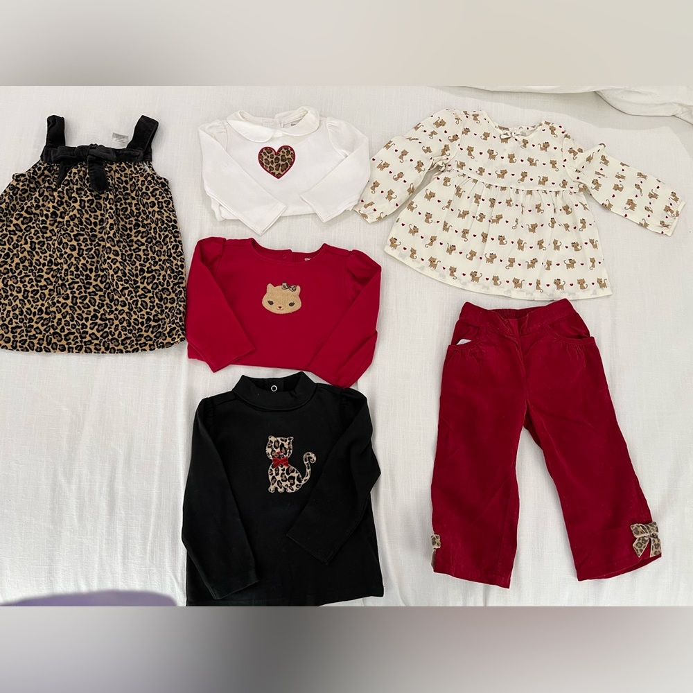 Gymboree matching cat print set — dress/ 4 shirts/ pants - size 18/24 mths